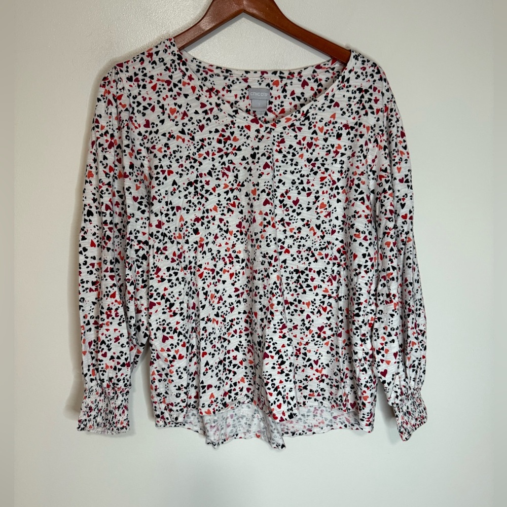 Chico's White Long Sleeve Top with Red and Black Heart Print size XL (3)